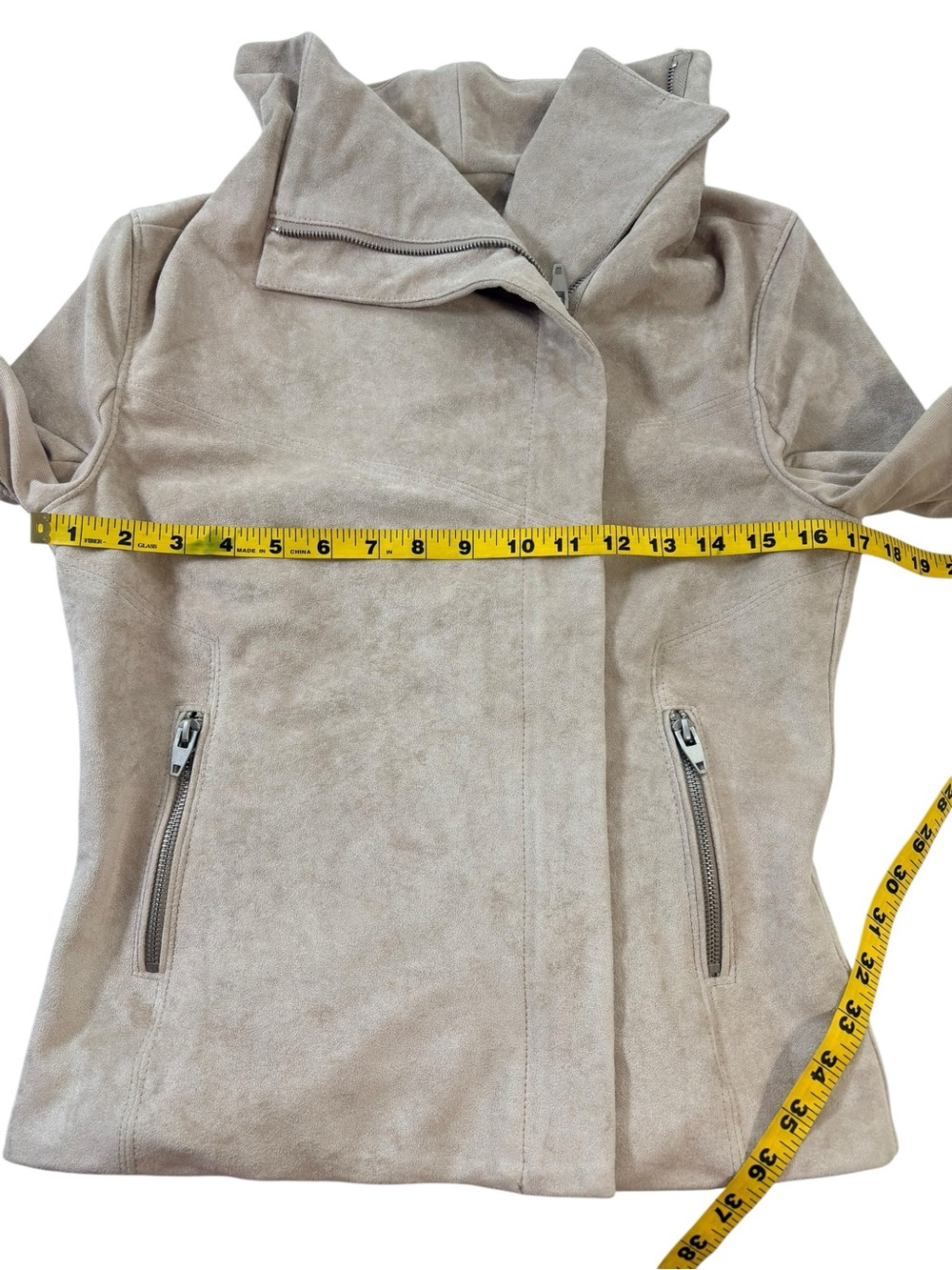 SL8 Beige Faux Suede Moto Jacket Size Small Asymmetrical Zip Draped Collar - Picture 9 of 14